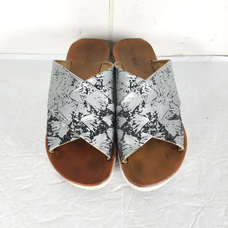 OLUKAI Women's Onohi US 6 Leather Silver Wedge Platform Slide Sandals Shoes  - Image 4 of 4