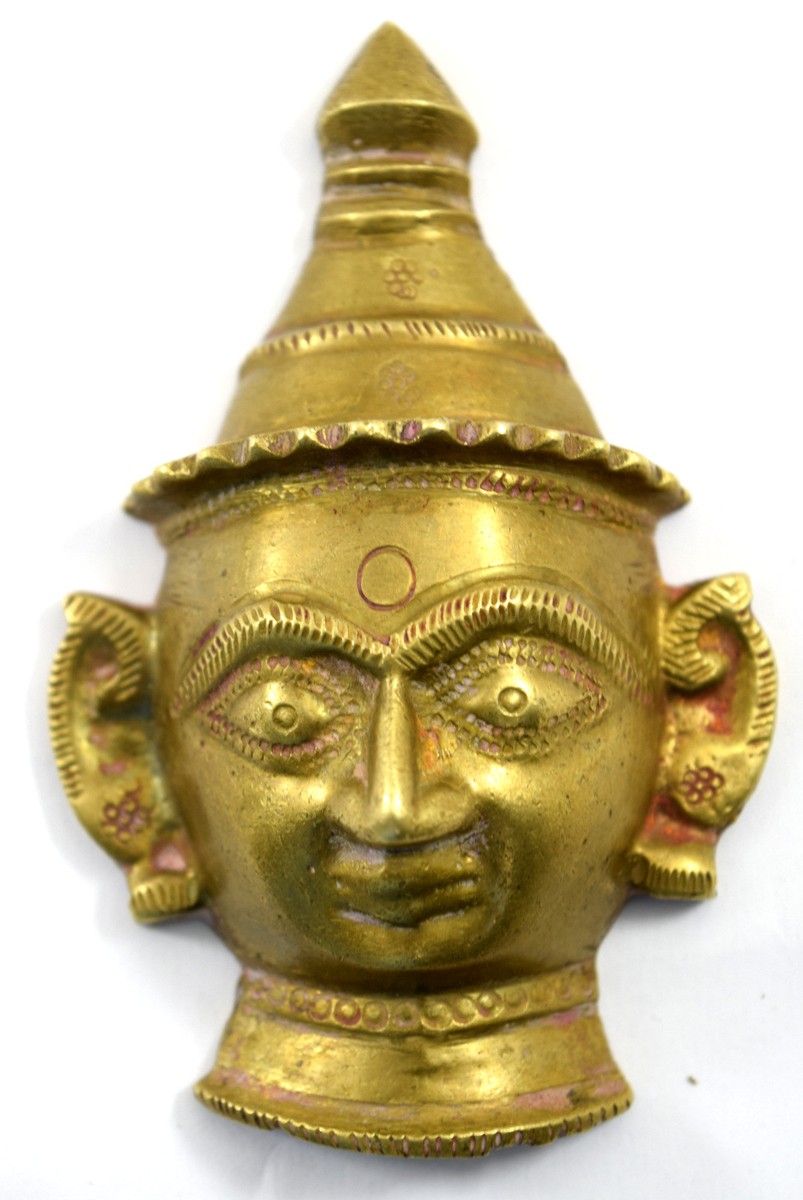 Masque Visage Tête Shiva Dieu Hindou – Laiton Ancien, Artisanal, Vintage Début 1900 – Pièce Rare