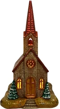 VTG Ceramic Church on Lighted Base with wind-up music - EUC - see video