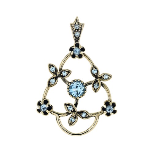 9K Yellow Gold Blue Topaz Vintage Style Floral Pendant - Picture 2 of 6