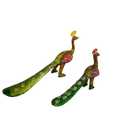 Vintage Indian Handmade & Painted Miniature Peacock Art Figures 2pc. Set Decor 