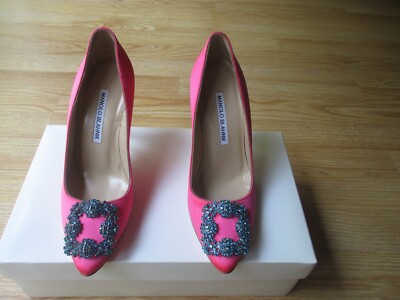Manolo Blahnik Hangisi Blue Crystal Buckle Pink Satin Pump Shoes