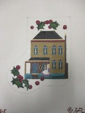 Melissa Shirley Hannah Rose Handpainted Needlepoint Canvas Stocking w/ House