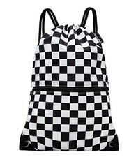 Drawstring Backpack Bag Sport Gym Sackpack Black and White Grid