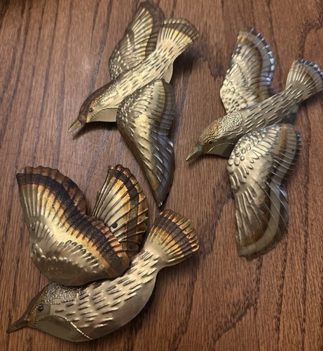 3 Vintage Homco Metal Brass Gold Flying Birds Wall Art Decor 4 1/2" MCM