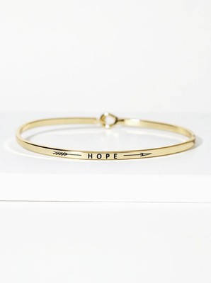 Hope Arrow Engraved Brass Bangle, Interlocking Hook, Gold or Silver Tone