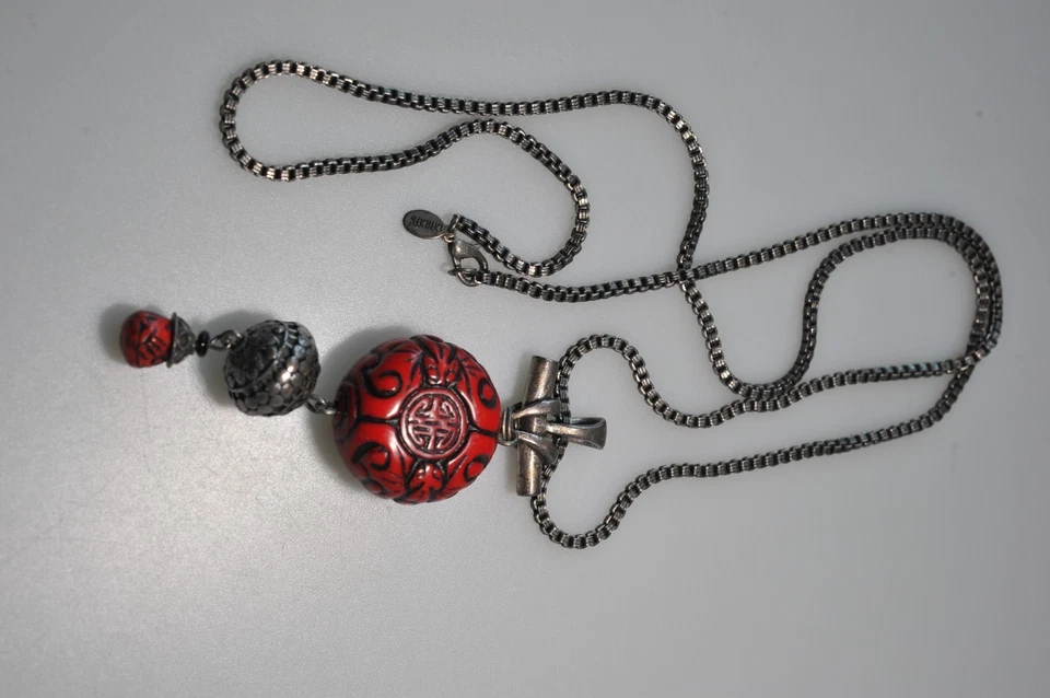 Collar Chico's imitación rojo cinabrio gunmetal peltre color étnico colgante 34" Foto 4 de 4