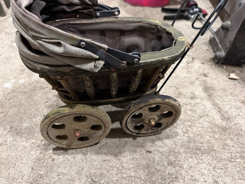 Antique Vintage Doll Carriage Baby Stroller Wood & Wrought Iron Primitive 