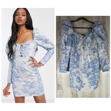 ASOS Mini Dress Size 0 Blue White Floral Metallic Puff Sleeve Lace Up Front NWT