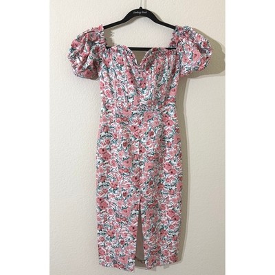 Lavish Alice Women's Pink Floral Bonded Bardot Puff Sleeve Midi Dress Size 4