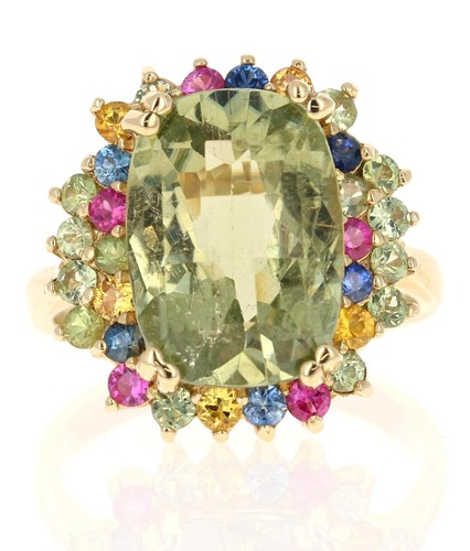 Natural Green Tourmaline Multi Sapphire Cocktail Ring 7.42 Carat 14K Yellow Gold