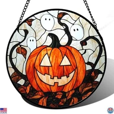 Spooky Stained Glass Window Hanging - 9.8" Halloween Pumpkin & Ghost Suncatcher