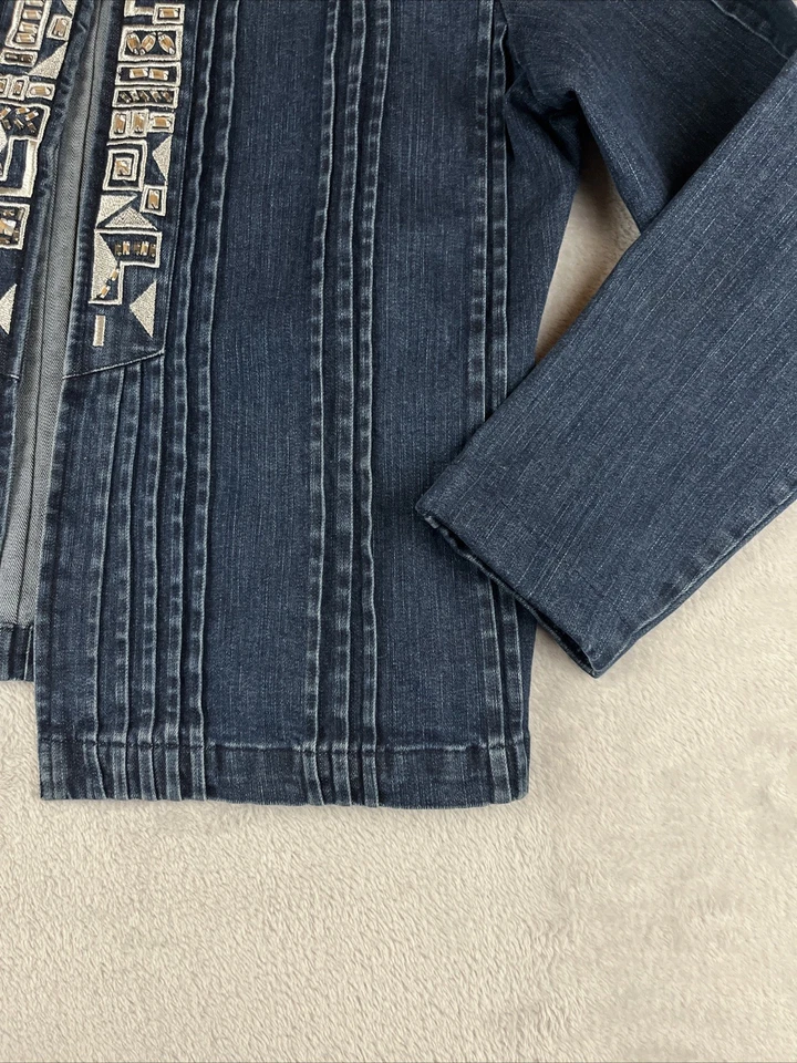 Choices Mujer Denim Frente Abierto Azul Estrás Bordado Chaqueta Talla Grande Foto 4 de 4