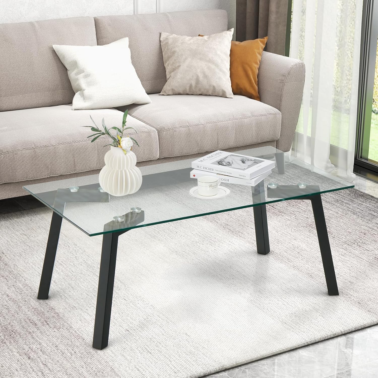 Coffee Table Tempered Glass Top Metal Legs Modern Rectangle Living Room Black