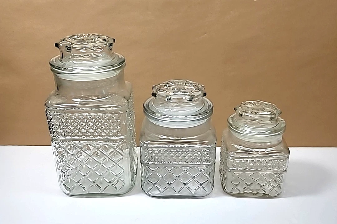 Set of 3 Vintage Anchor Hocking Wexford Diamond Point Clear Glass Canisters