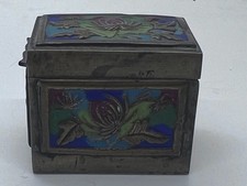 Antique Chinese Cloisonne Enamel Brass Stamp Pill Trinket Box Floral - 1920s