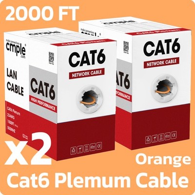 Cat6 Plenum 2 Pack Ethernet Cable 1000ft CMP Solid 23AWG UTP Pull Orange