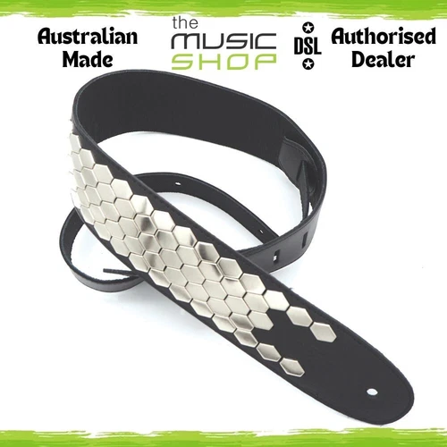 Aust Made DSL Pyramid Hex Silver Stud 2.5" Leather Guitar Strap - 15HEX25-15-1