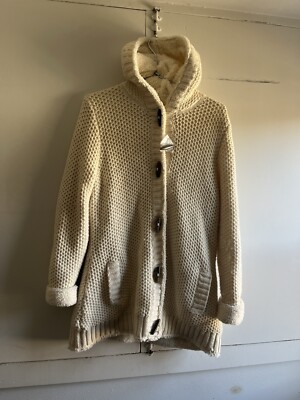 LL Bean Women s Large Hooded Shearling Wool Toggle Knit Sweater Jacket Cardigan