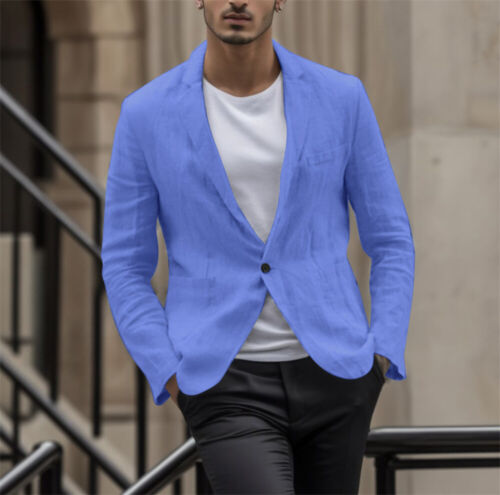 Men Linen Blazer Jacket Lightweight Casual Button Slim Fit Suit Coat Tops - Afbeelding 1 van 17