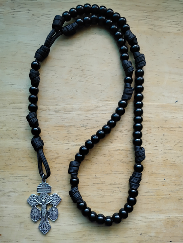 Black Paracord Rosary Beads 10mm Silver 3 Way Pardon Crucifix Rugged Rosaries - Picture 3 of 6