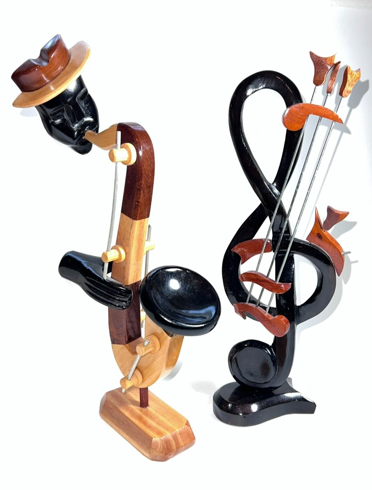 Vintage Hand Carved Violin Strings Figurine Wood Sculpture Saxophone 13