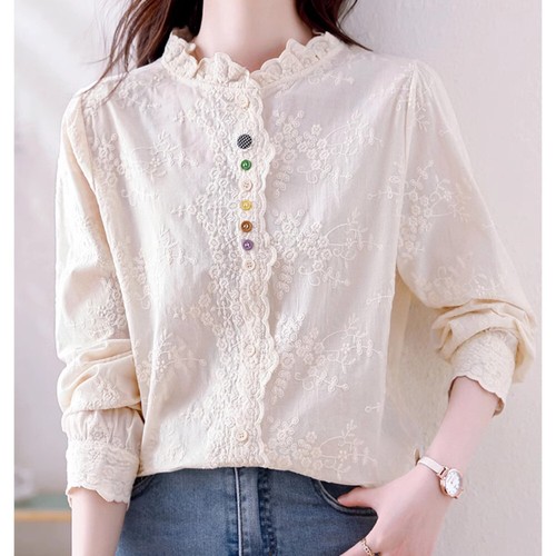 Women Ruffles Lace Embroidered Shirts Blouse T-shirts Tops Long Sleeve Retro Top - Picture 9 of 12