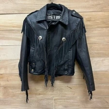 Vintage open road fringe leather biker jacket with silver details