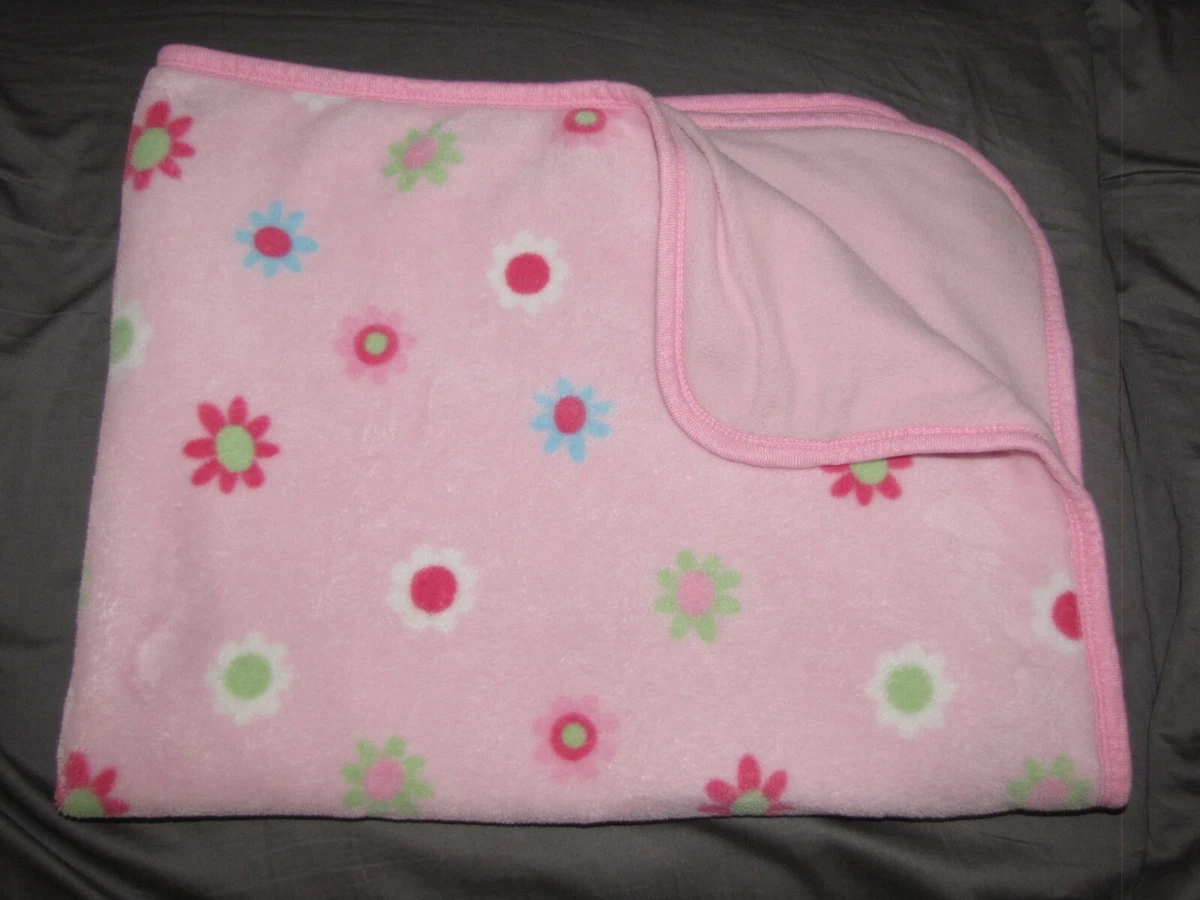 Gerber Pink Floral Baby Blanket White Flowers Green Blue Fleece Security Lovey