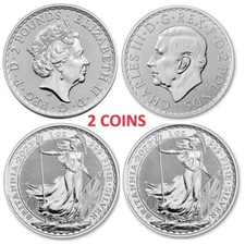 Lot of 2 - 2023 U.K. 2 Pound 1 oz .999 Fine Silver King and Queen Britannia BU