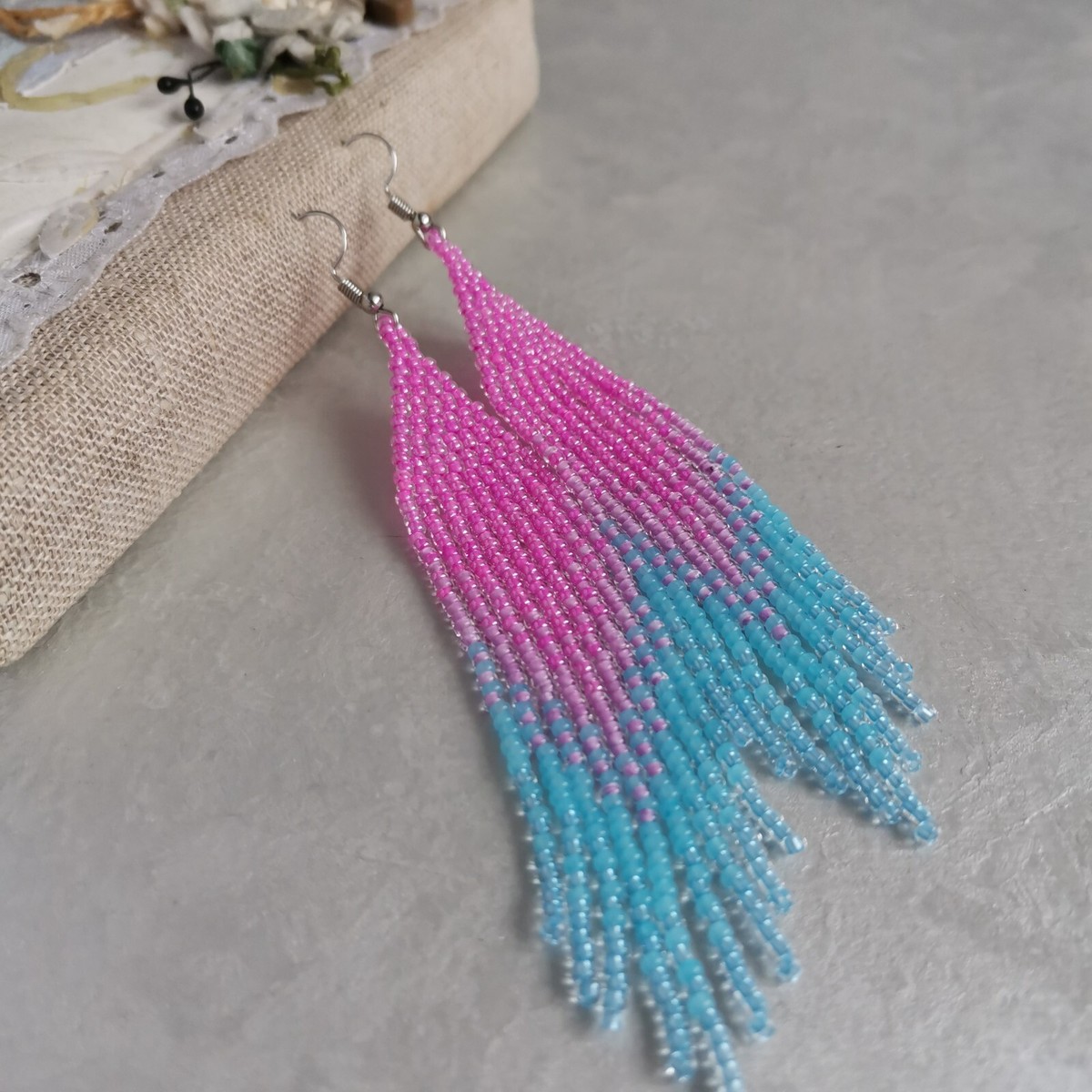 Pink blue long seed bead fringe earrings Boho dangle chandelier beaded  jewelry