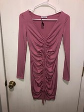 NWT Fashion Nova Women's XS Ruched Front V Neck Dusty Pink Long Sleeve Dress