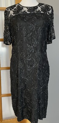 80a Embellished Floral Lace Cocktail Dress Sz 12 Black Formal Whimsigoth Classic