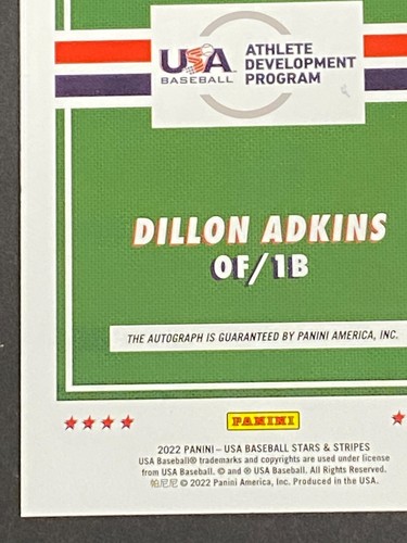Dillon Adkins 2022 Panini USA Baseball Stars & Stripes Auto RC #ed 336/399 - Picture 10 of 10