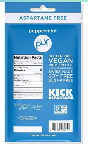 PUR Xylitol Chewing Gum PEPPERMINT (55 Pieces, 6 Pack) Sugarless Vegan Pure - Picture 3 of 3