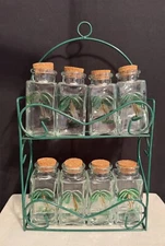 8 Hand Painted Palm Tree Arts and Crafts Style Corked Spice Jars w/Metal Rack