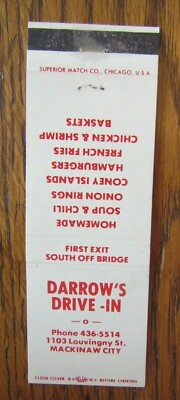 MICHIGAN MATCHBOOK COVER: DARROW'S DRIVE-IN EMPTY 1970s MATCHCOVER -D