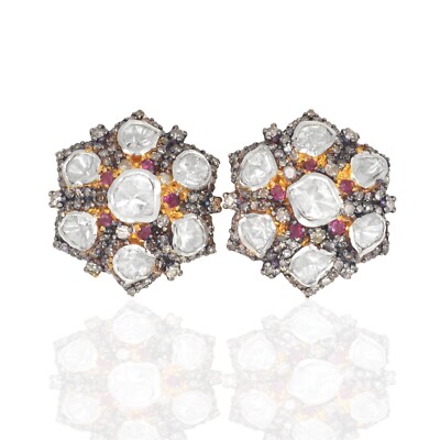 Rhodium 925 Sterling Silver Natural Diamond Ruby Polki Studs Tops Gold Plated