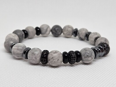 Handmade Man Stretchy Bracelet Map Jasper Natural Stone 10mm