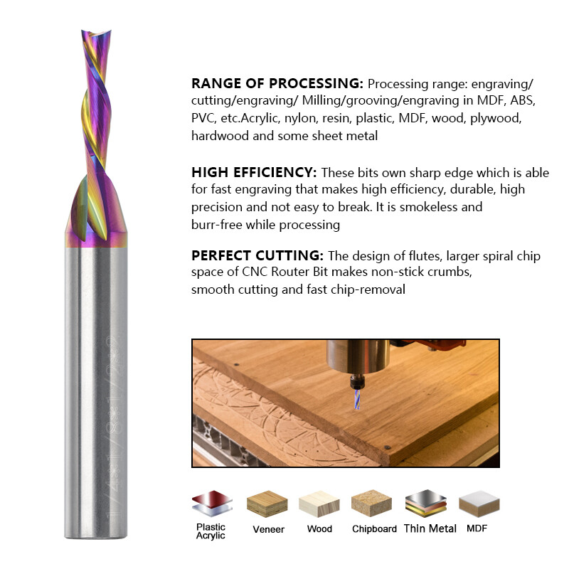 1/4'' Shank Downcut Spiral End Mill CNC Router Bit For Aluminum Double