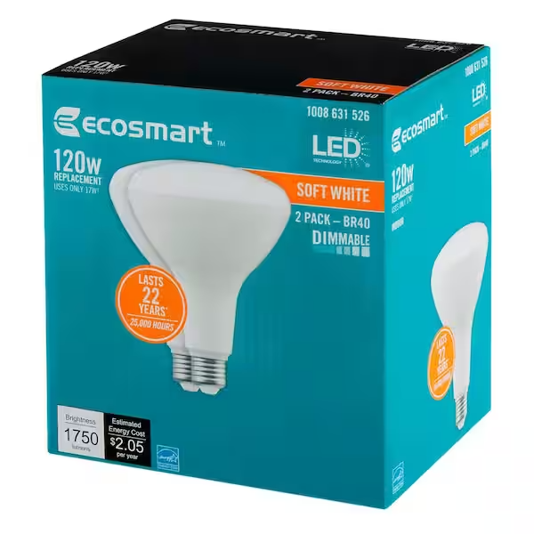 (2 PACK) EcoSmart 120Watt Equivalent BR40 Flood Light Dimmable LED