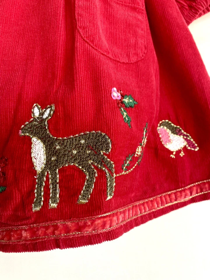 Monsoon London Cord Embroidered Dress 3-6M Appliqué Bird Deer Price $40 - Image 3 of 4