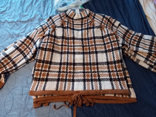 Plus Size Long Sleeve Argyle Plaid Mock Neck Sweater With Drawstring Waist 1X - 第 6/10 張圖片