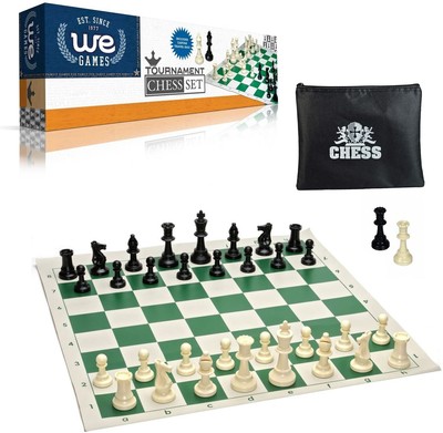 WE Games Tournament Chess Set-Heavy Weight Chessmen, Green Board, Bag for Pieces