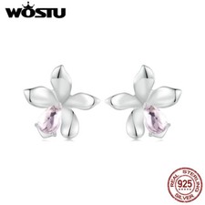 WOSTU Delicate 925 Sterling Silver Pink Flower Stud Earrings Jewelry Women Gift