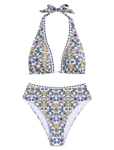 2 Piece Bikini Sets Halter High Waisted Bathing Suits Sexy Medium Blue Yellow - Picture 4 of 7
