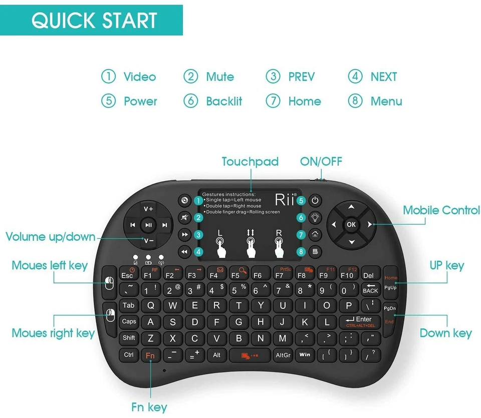 Rii i8+ Mini Kabellos Tastatur Touchpad Wireless Keyboard Backlit UK/US Layout - Bild 2 von 4