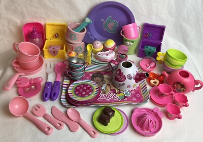 VTG Barbie Tray Tea Set Pretend Play Kitchen Plates Cups Disney