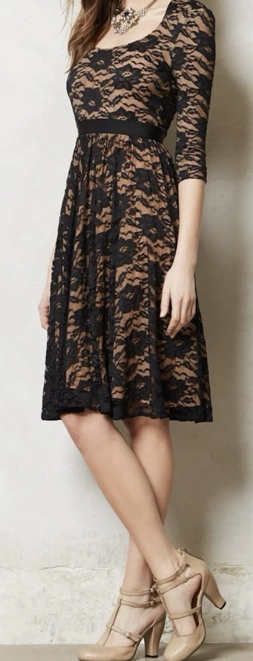 MARCBOUWER ANTHROPOLOGIE Lace Sava Dress Size 12 Midi Black Stretch Zipper Lined - Image 2 of 4