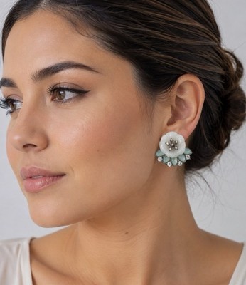 Floral Clip-On Stud Earrings White Flower Green Leaves Clear Crystal